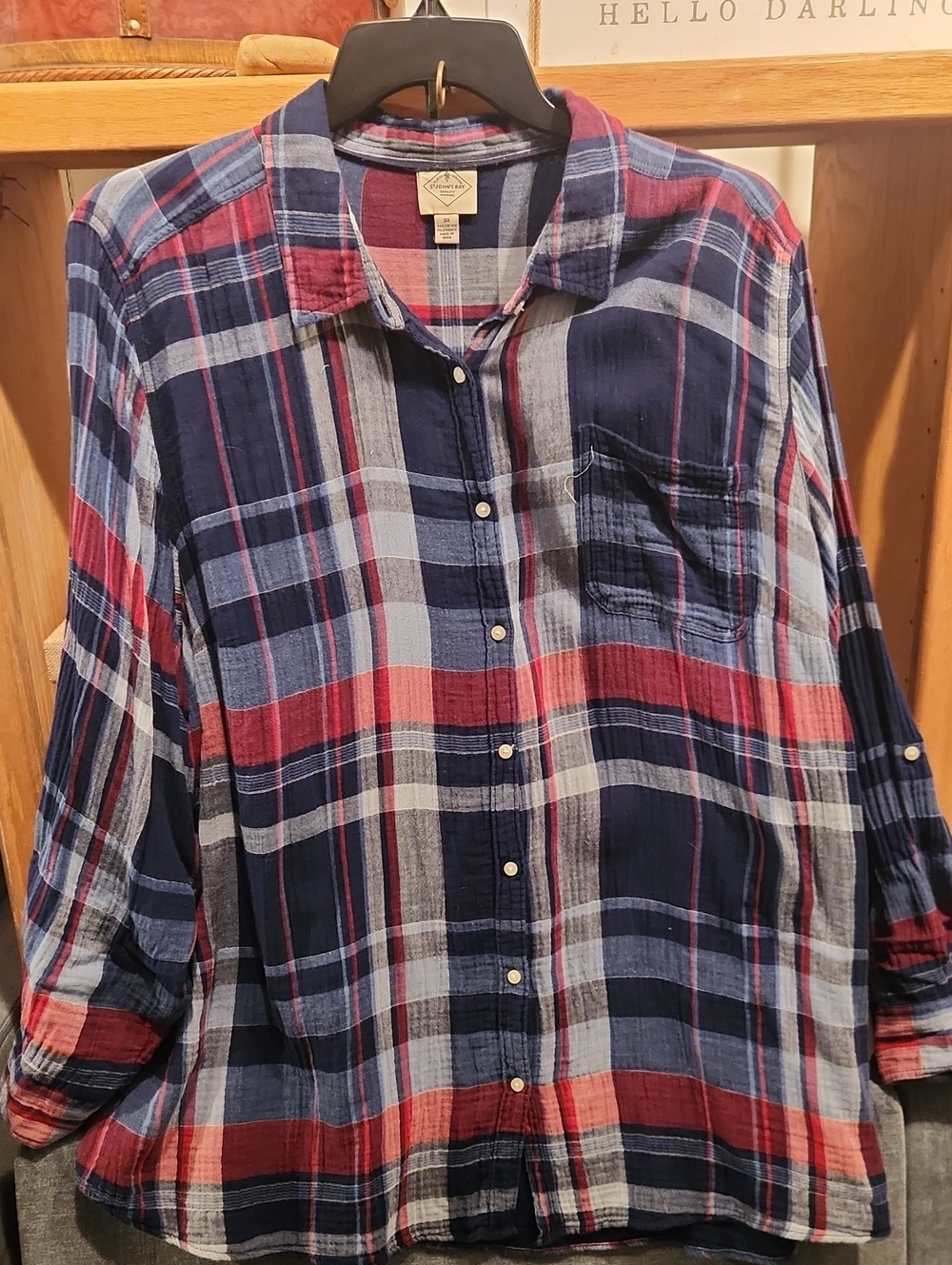 St. Johns Bay Women's Plaid Button-Up Shirt in Navy, Red & Light Blue